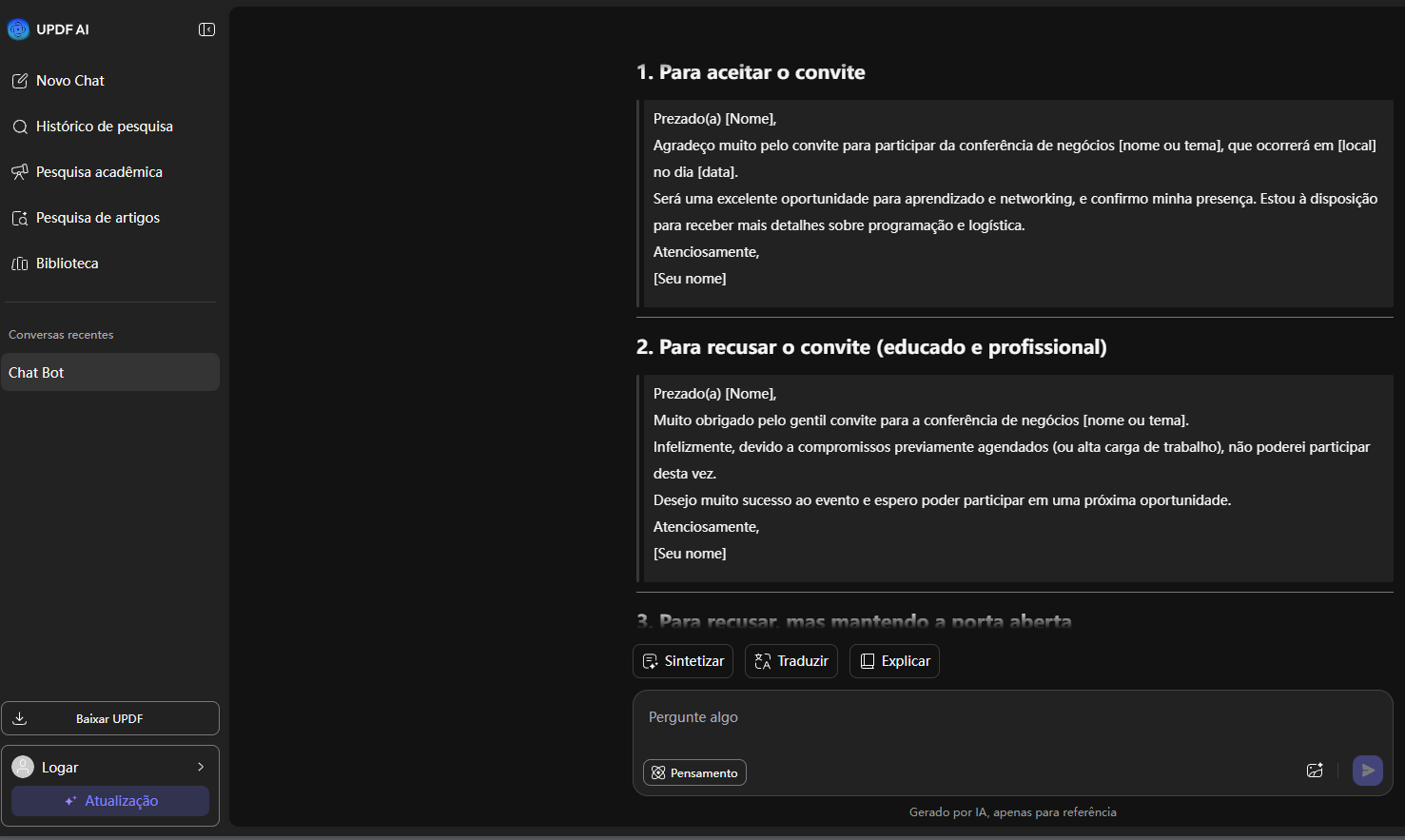 recusar um convite de forma profissional com o updf ai online