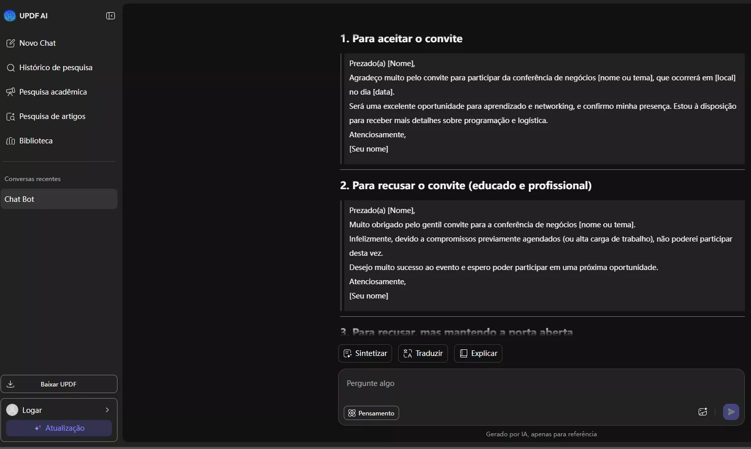 recusar um convite de forma profissional com o updf ai online