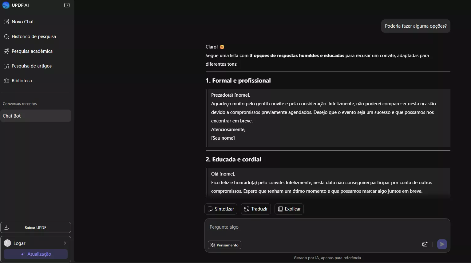 resposta do updf ai para recusar um convite de negócios formal