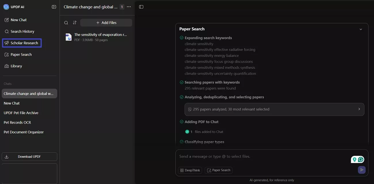 scholar research feature of updf ai