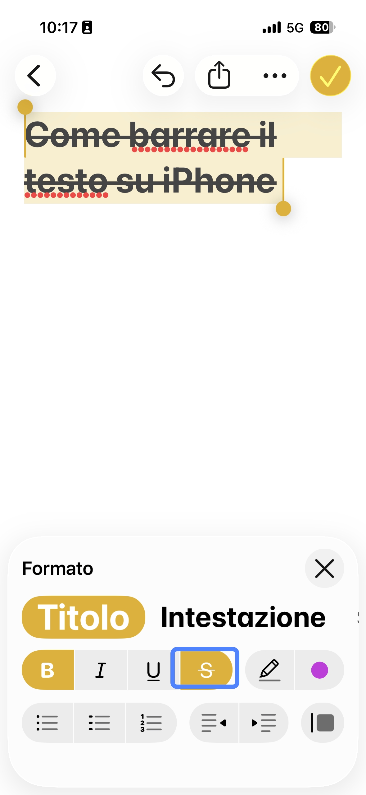 tap s to strikethrough the text in iphone noets