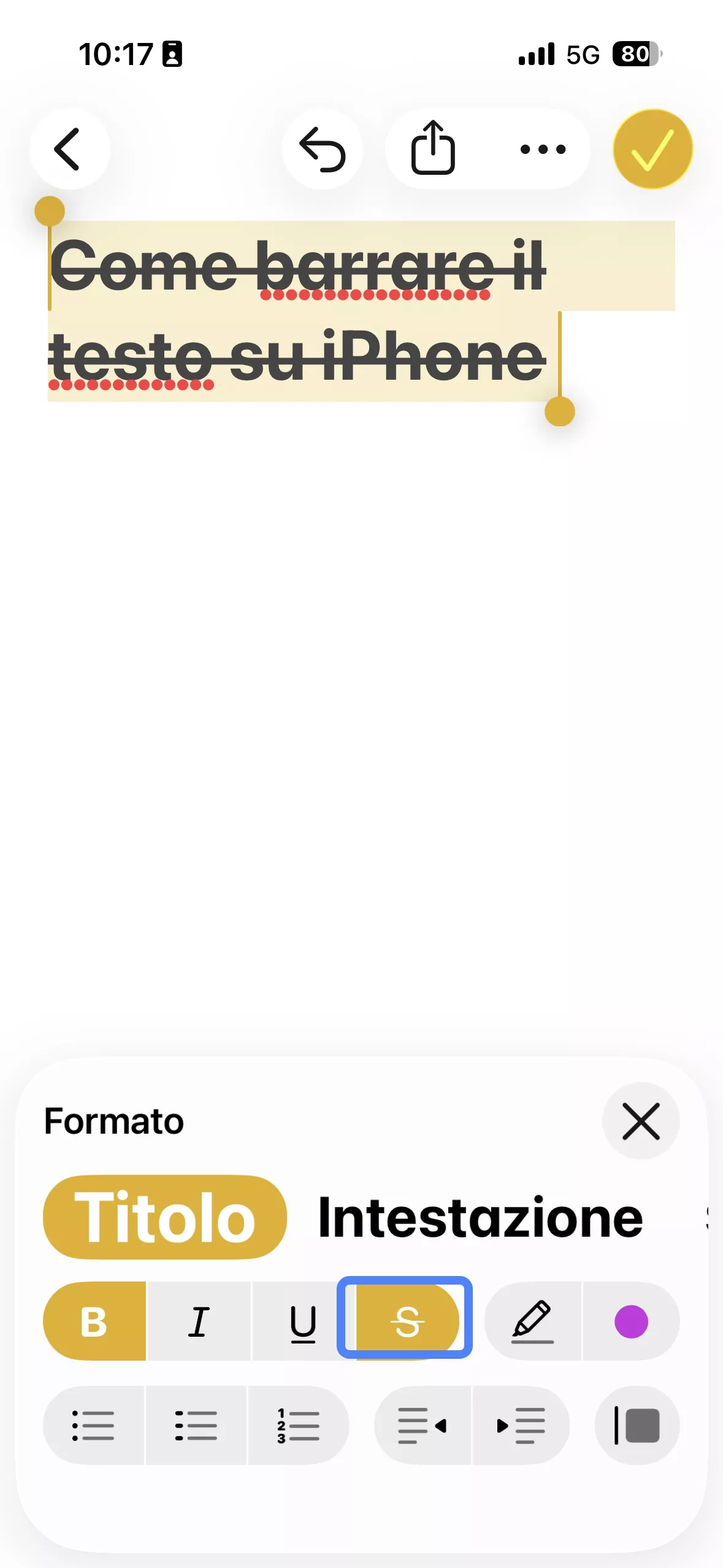 tap s to strikethrough the text in iphone noets