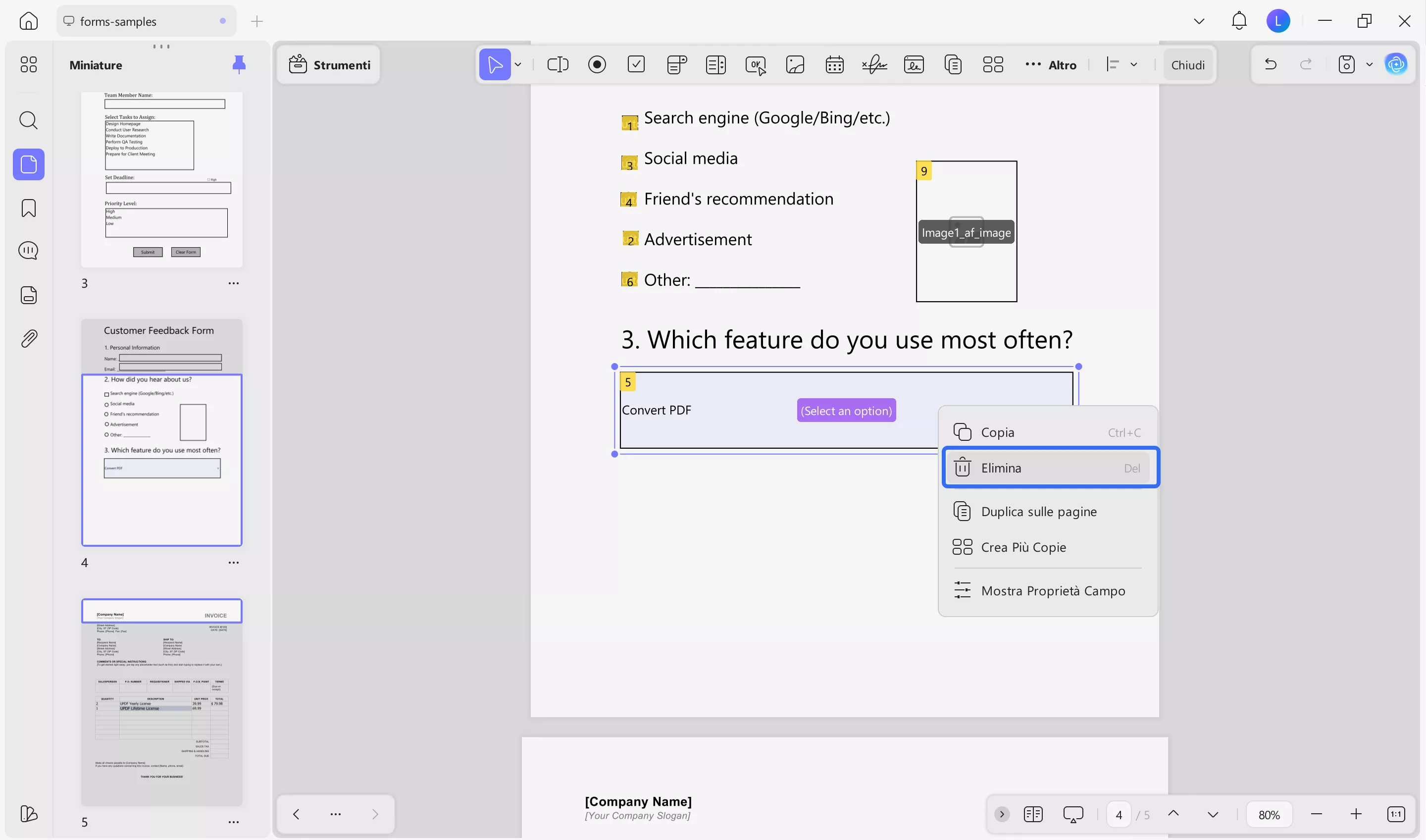 delete blue boxes in updf