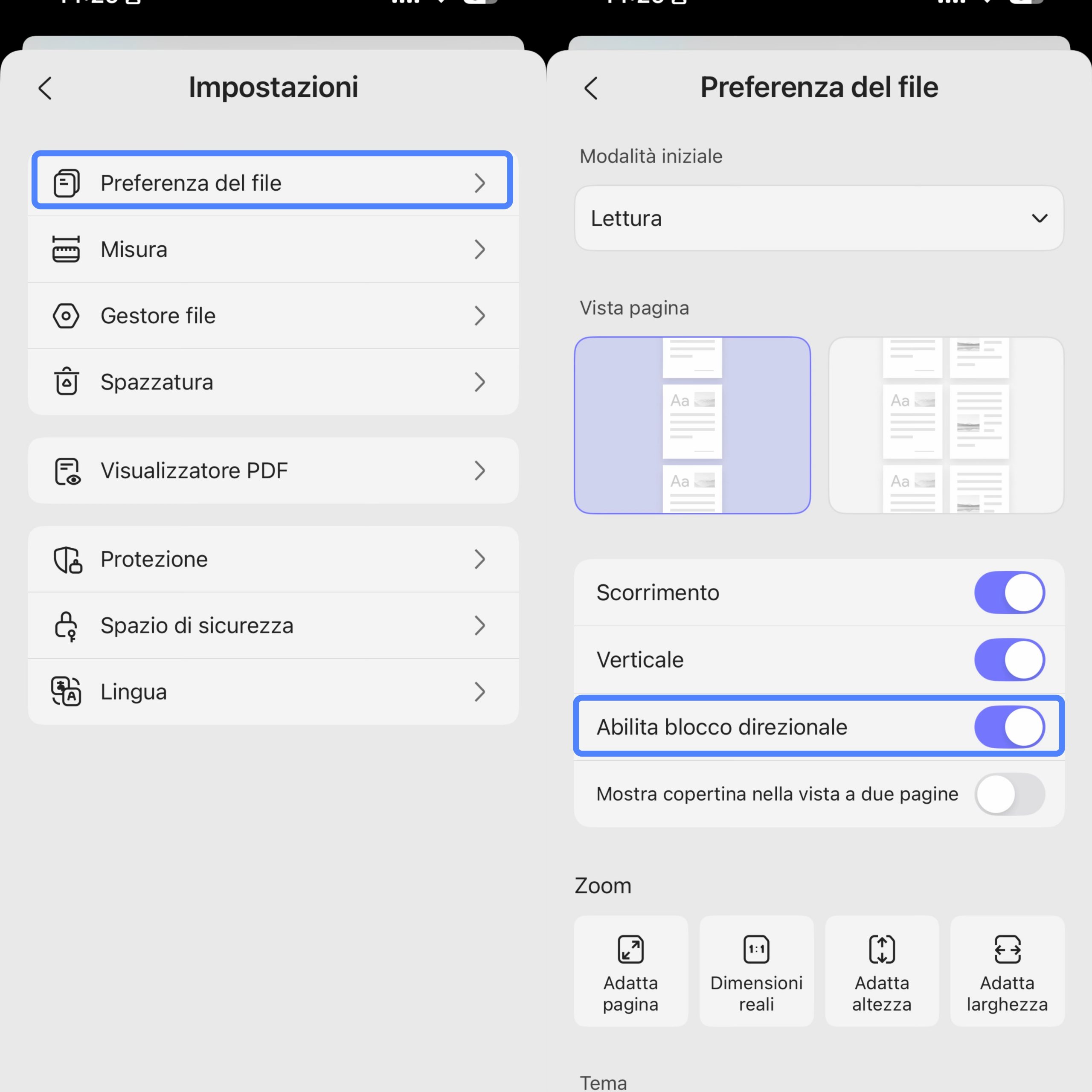abilita blocco direzione scorrimento