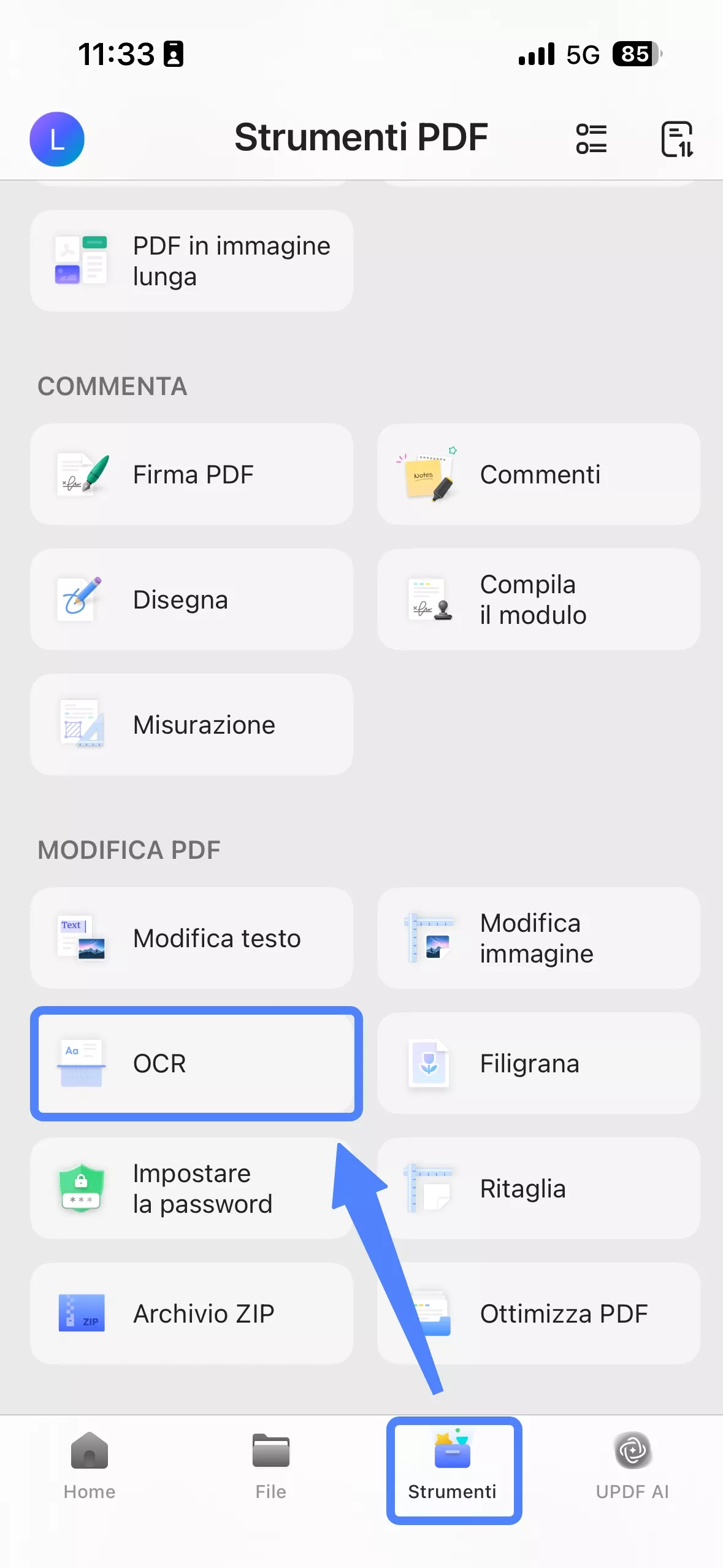 choose ocr after clicking on the tools updf android