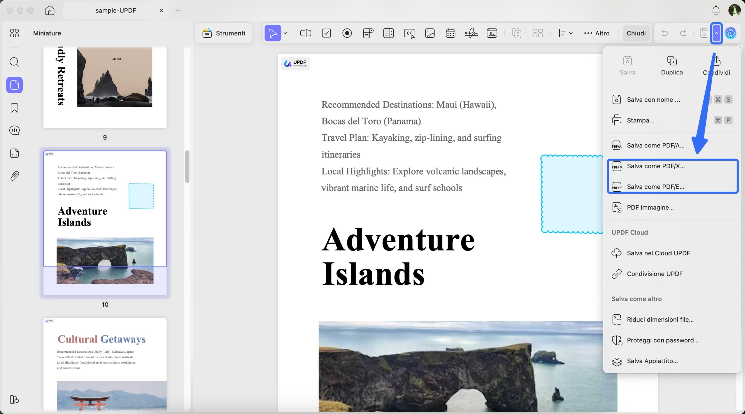 salva file in pdfe o pdfx