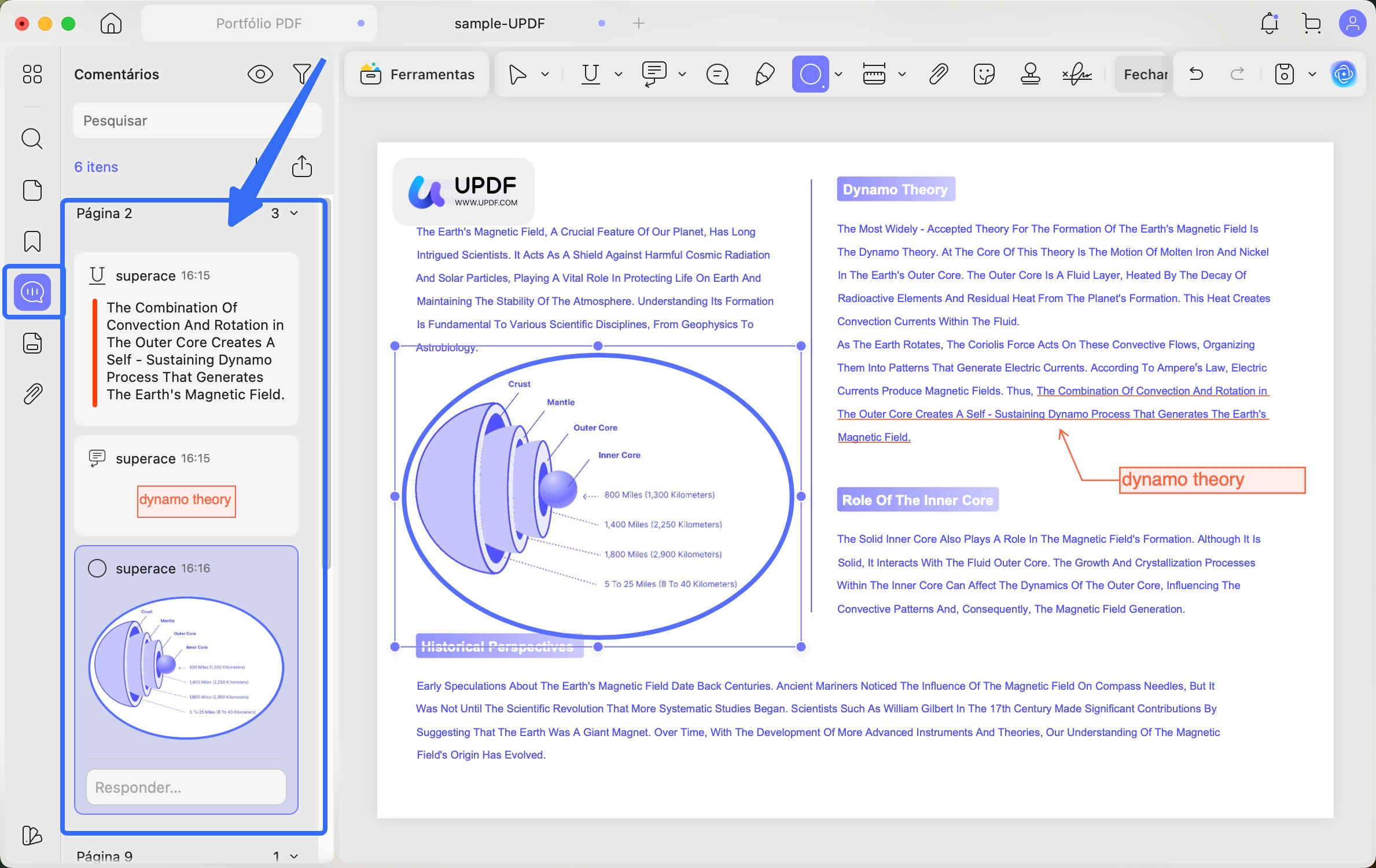 marcadores visíveis nos comentários