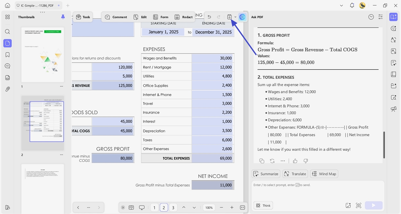 ask ai calculate net income gross profit