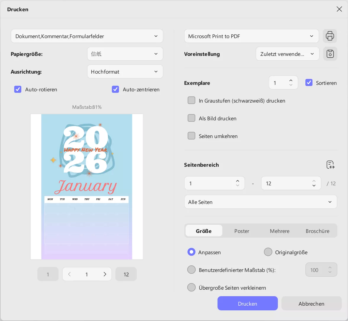 PDF-Vorlage für 2026 mit UPDF drucken