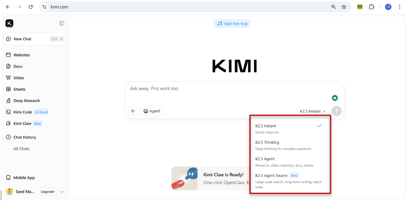 키미 K2.5의 다양한 모드