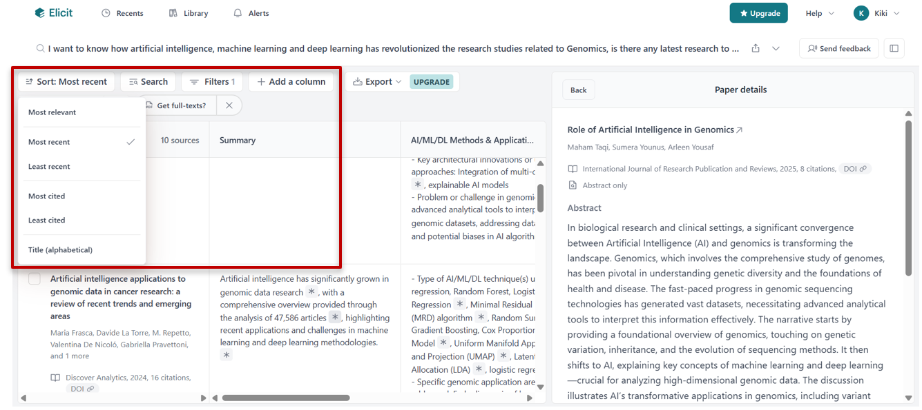 Função de personalização de colunas do Elicit AI
