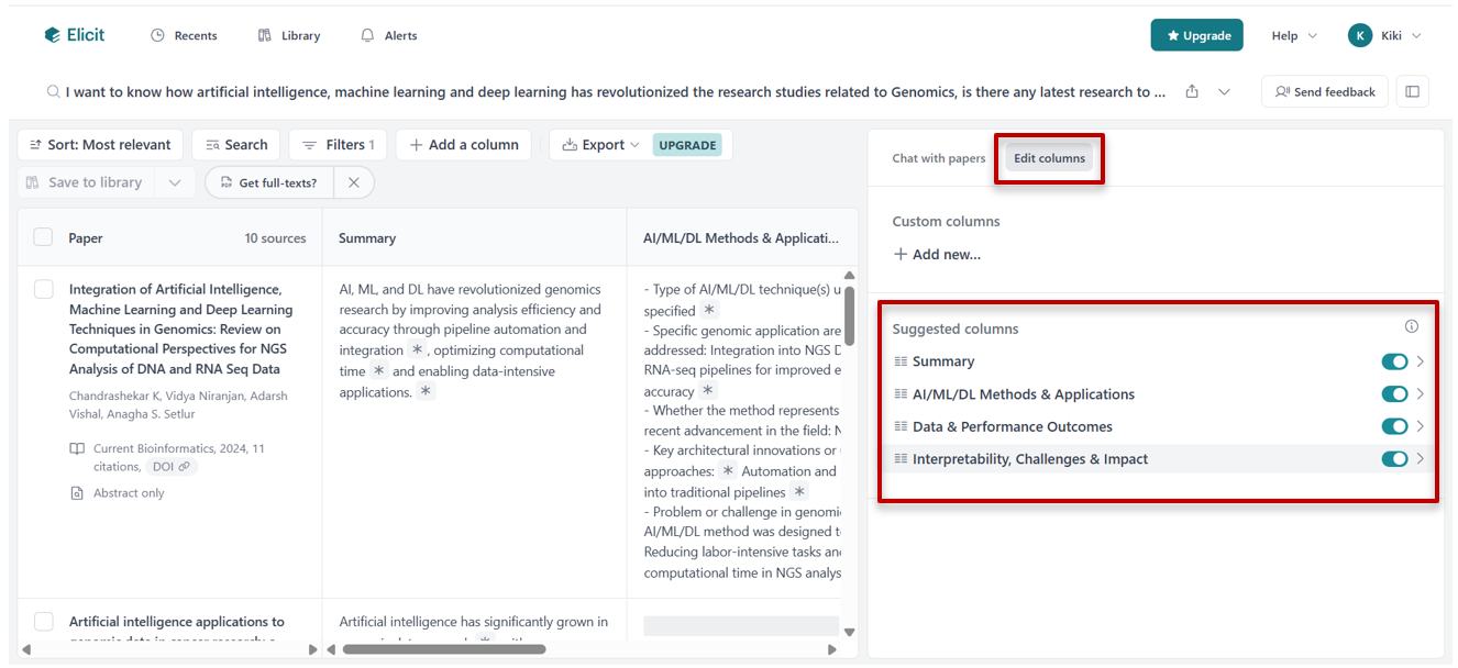 Colunas sugeridas do Elicit AI
