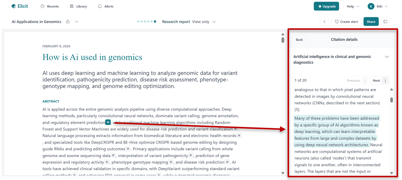 Indicador de seção do Elicit a partir da qual a conclusão é extraída
