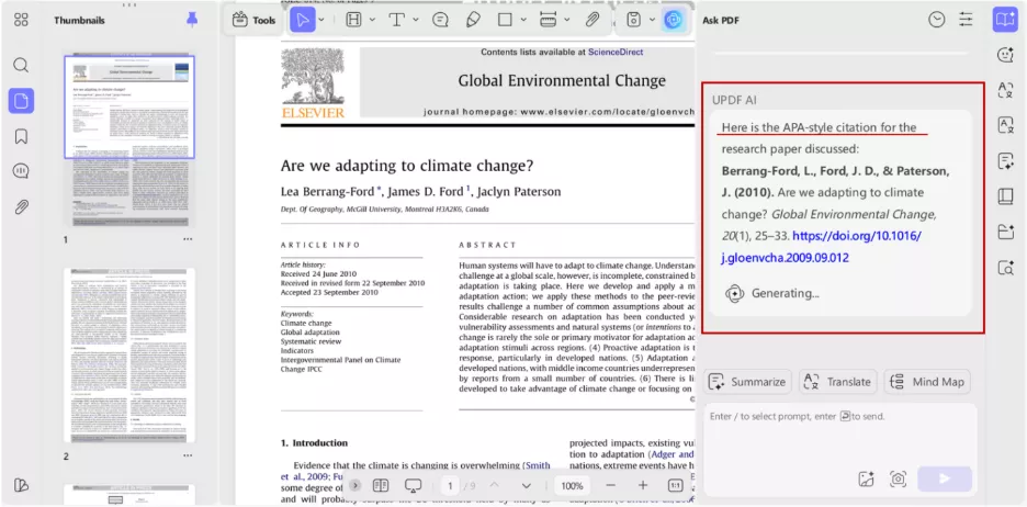 Citation generation with UPDF AI