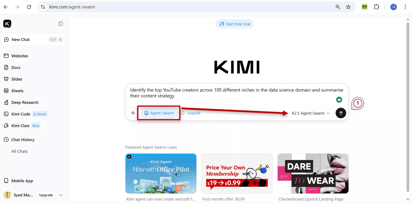Kimi K2.5 agent swarm feature