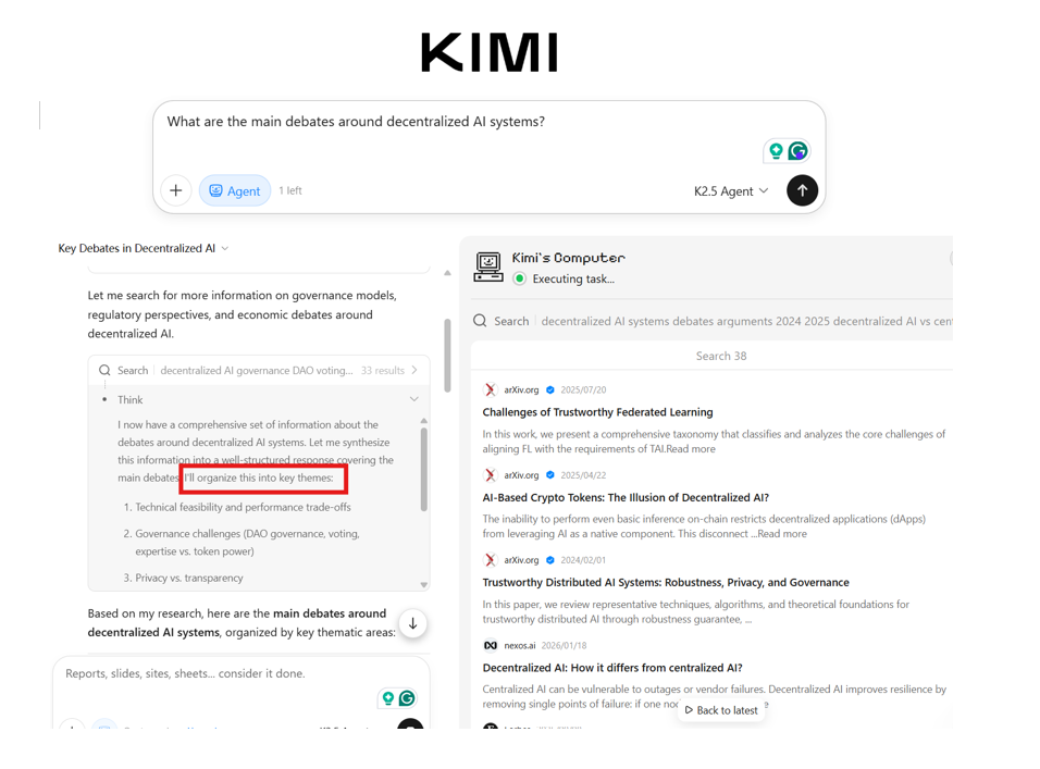키미 K2.5가 연구 논쟁과 핵심 주제에 대한 체계적인 개요를 생성함