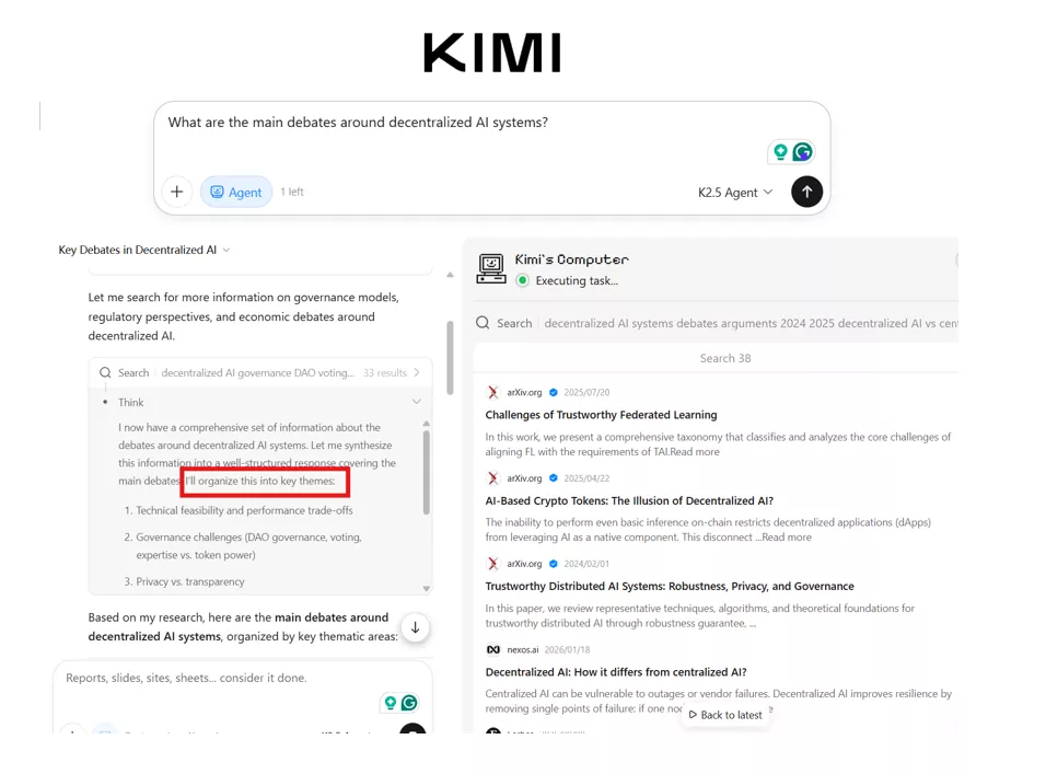 Kimi K2.5 generating a structured overview of research debates and key themes