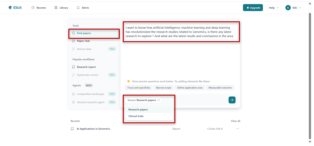 Pesquisa de artigos com o Elicit AI
