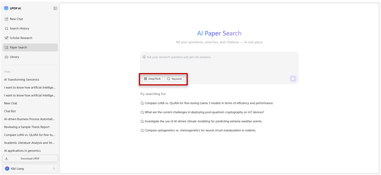 UPDF AI DeepThink and keyword mode