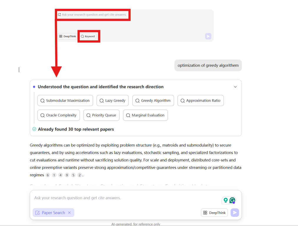 Pesquisa de artigos da UPDF AI exibindo os modos por palavra-chave e IA
