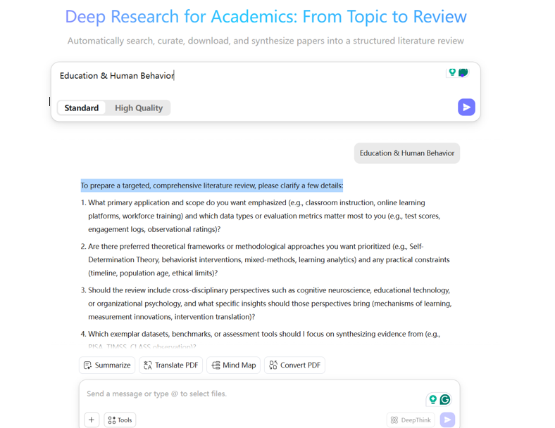 UPDF AI scholar research, generating a structured literature review