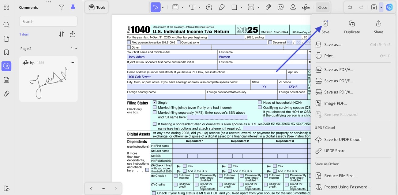 save the finalized tax form