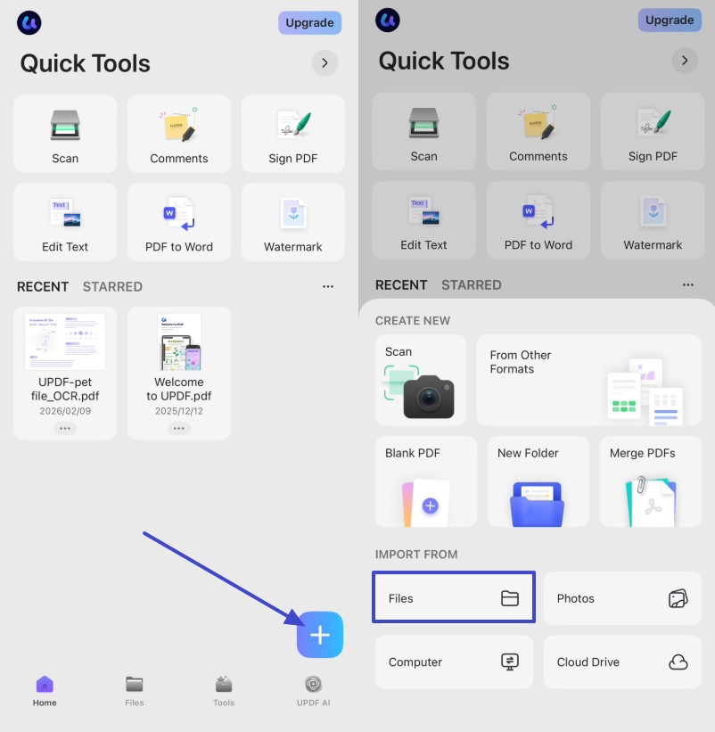 select plus icon to add files