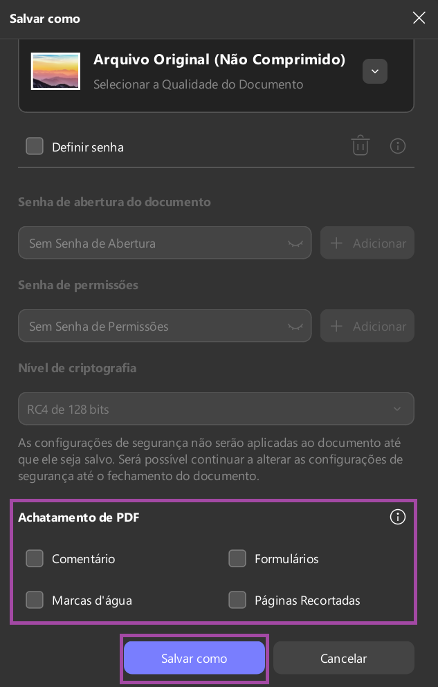 Escolher a opção de achatar o PDF e clicar em “Salvar como”