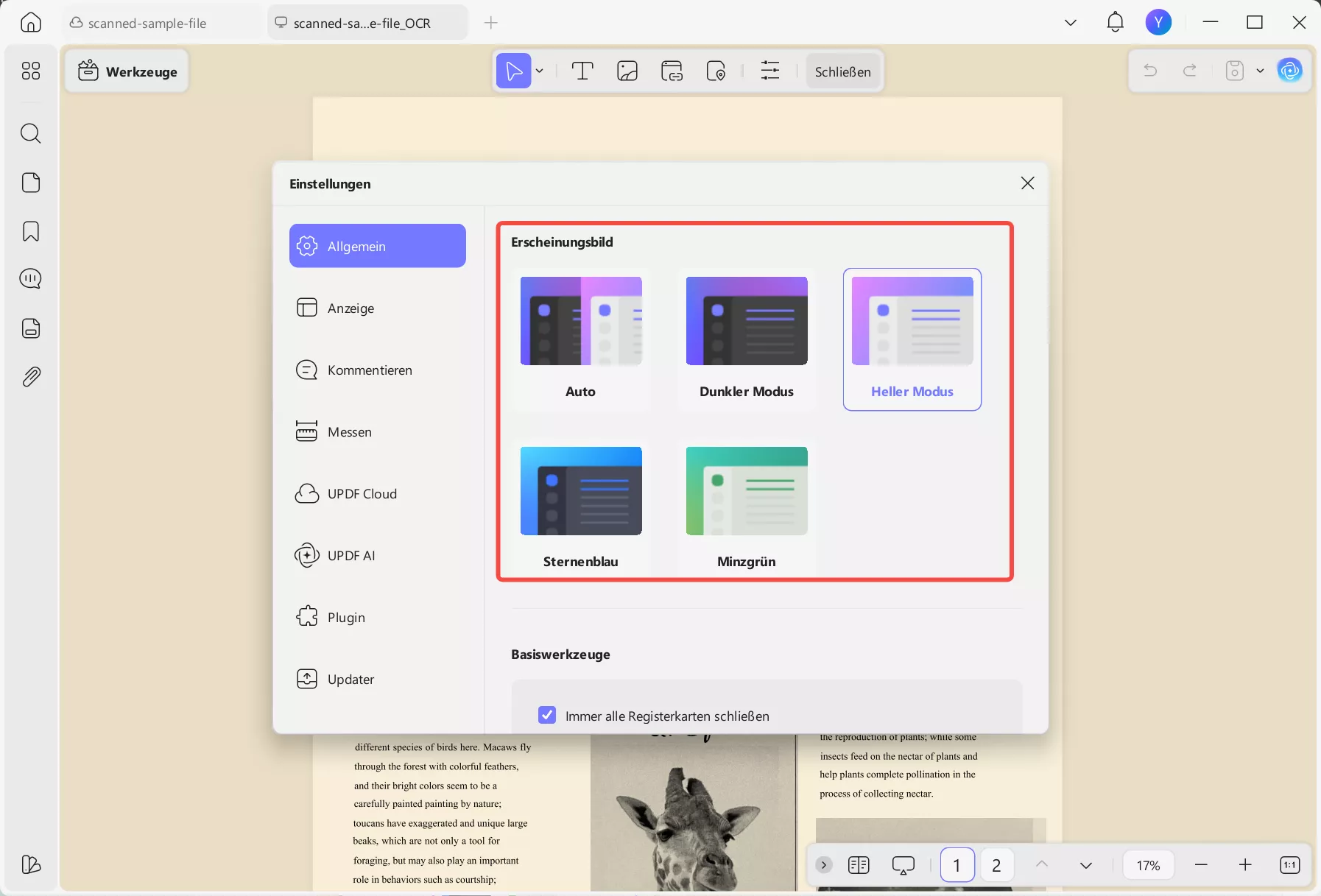 Optionen für den Lesemodus von updf
