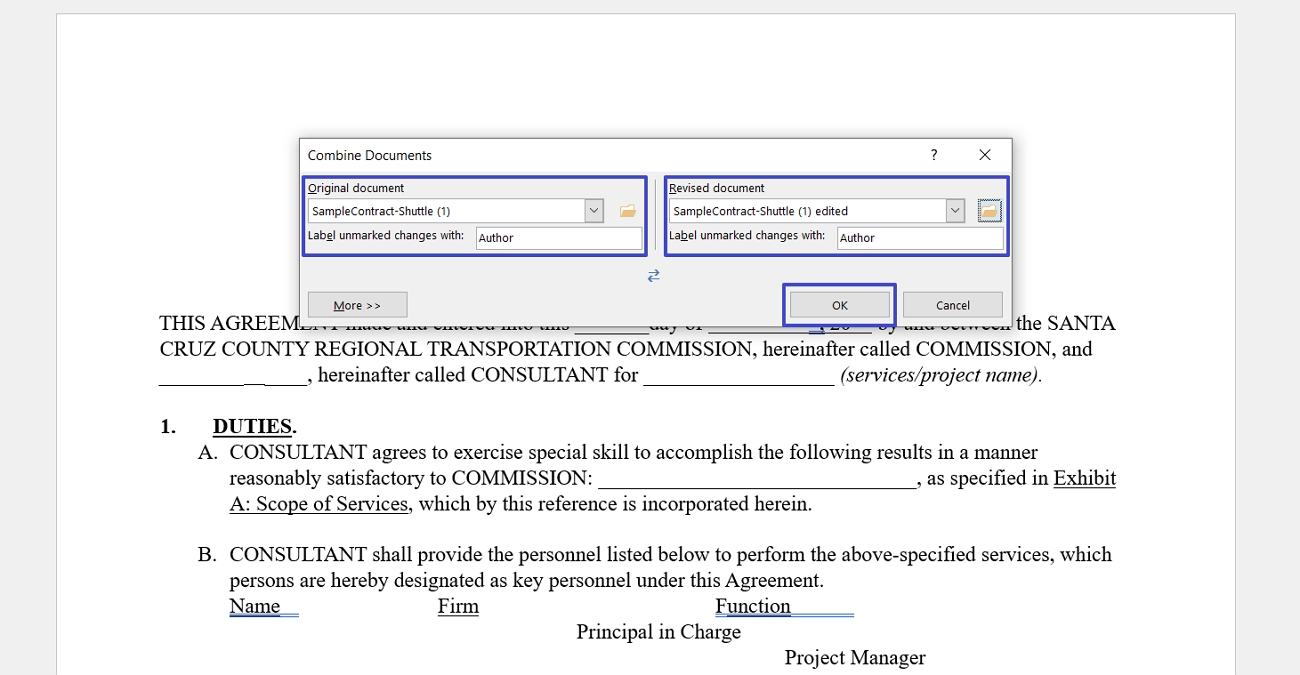 select original revised word document compare
