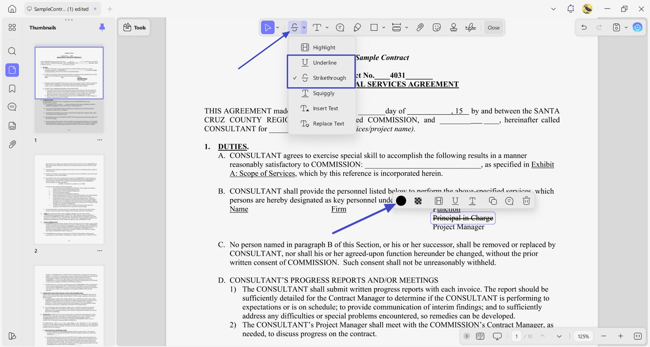 use strikethrough underline tool changes