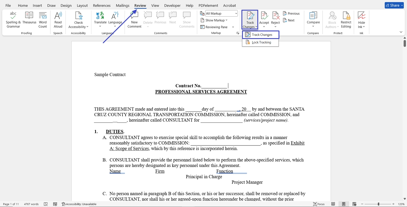 enable track changes feature word