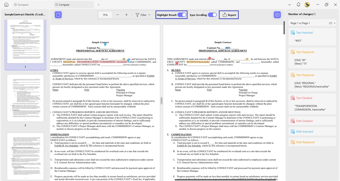 export document highlighted changes