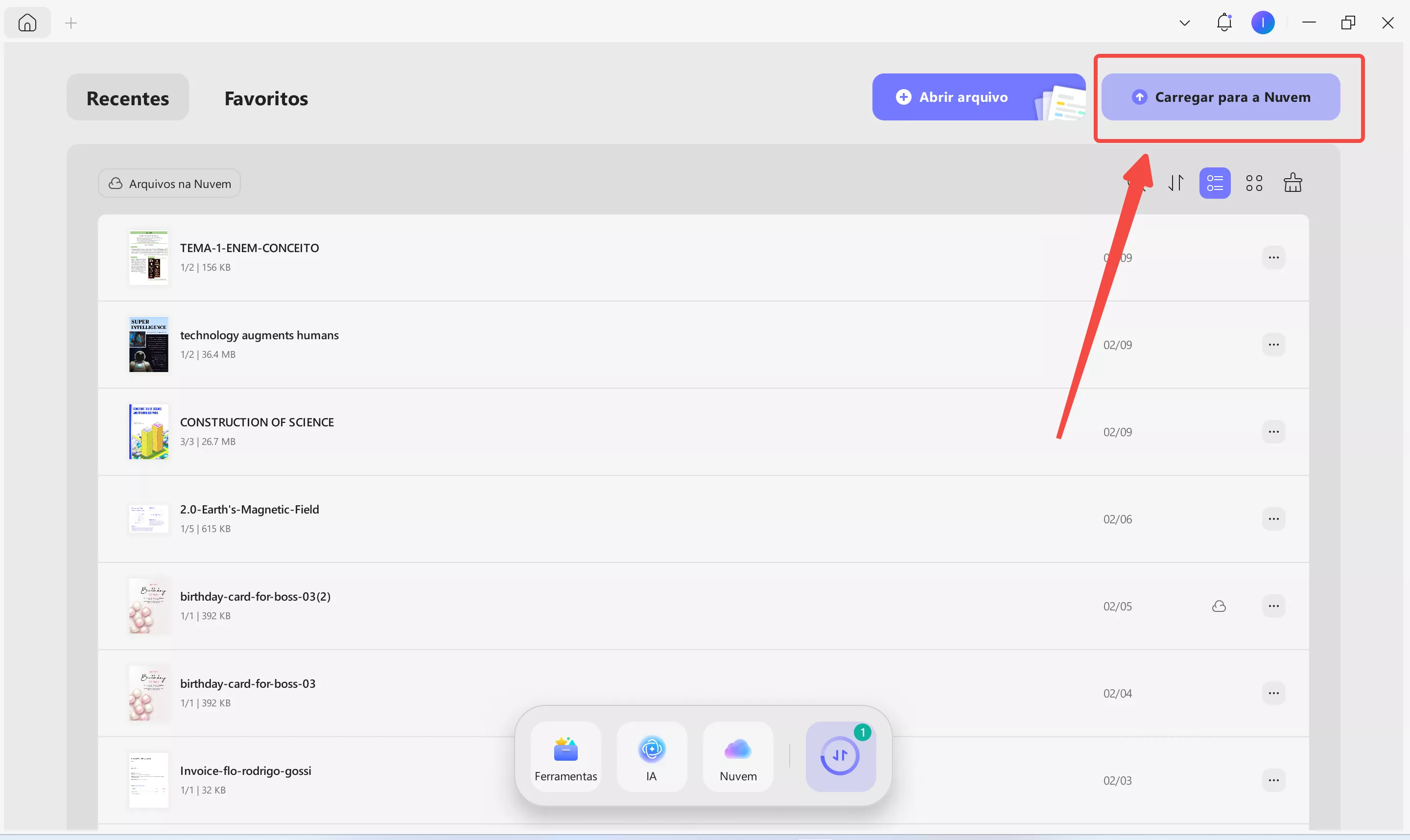 carregar para a nuvem