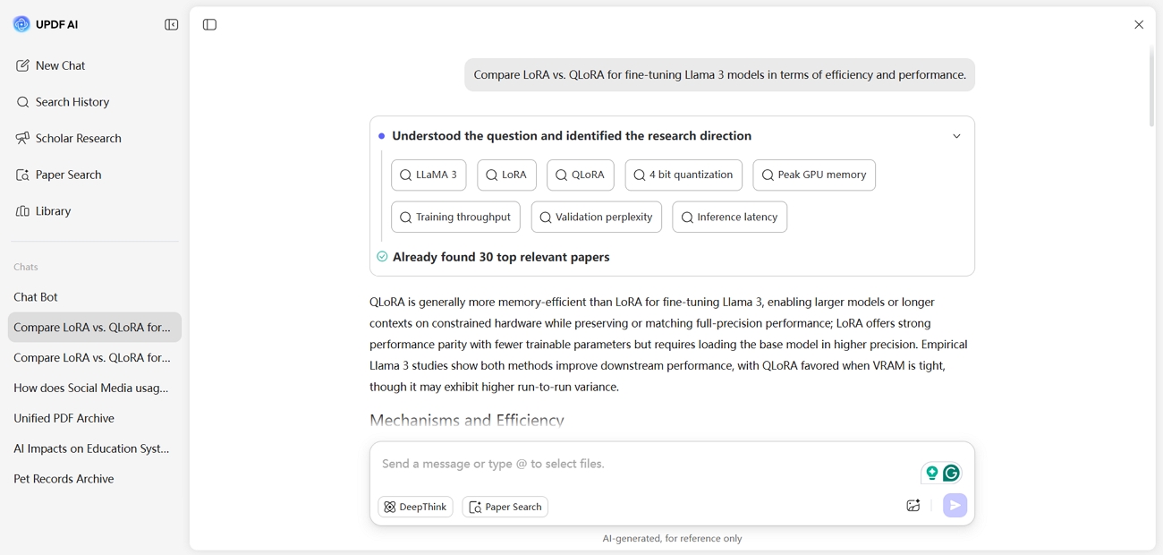  updf ai paper search deepthink mode