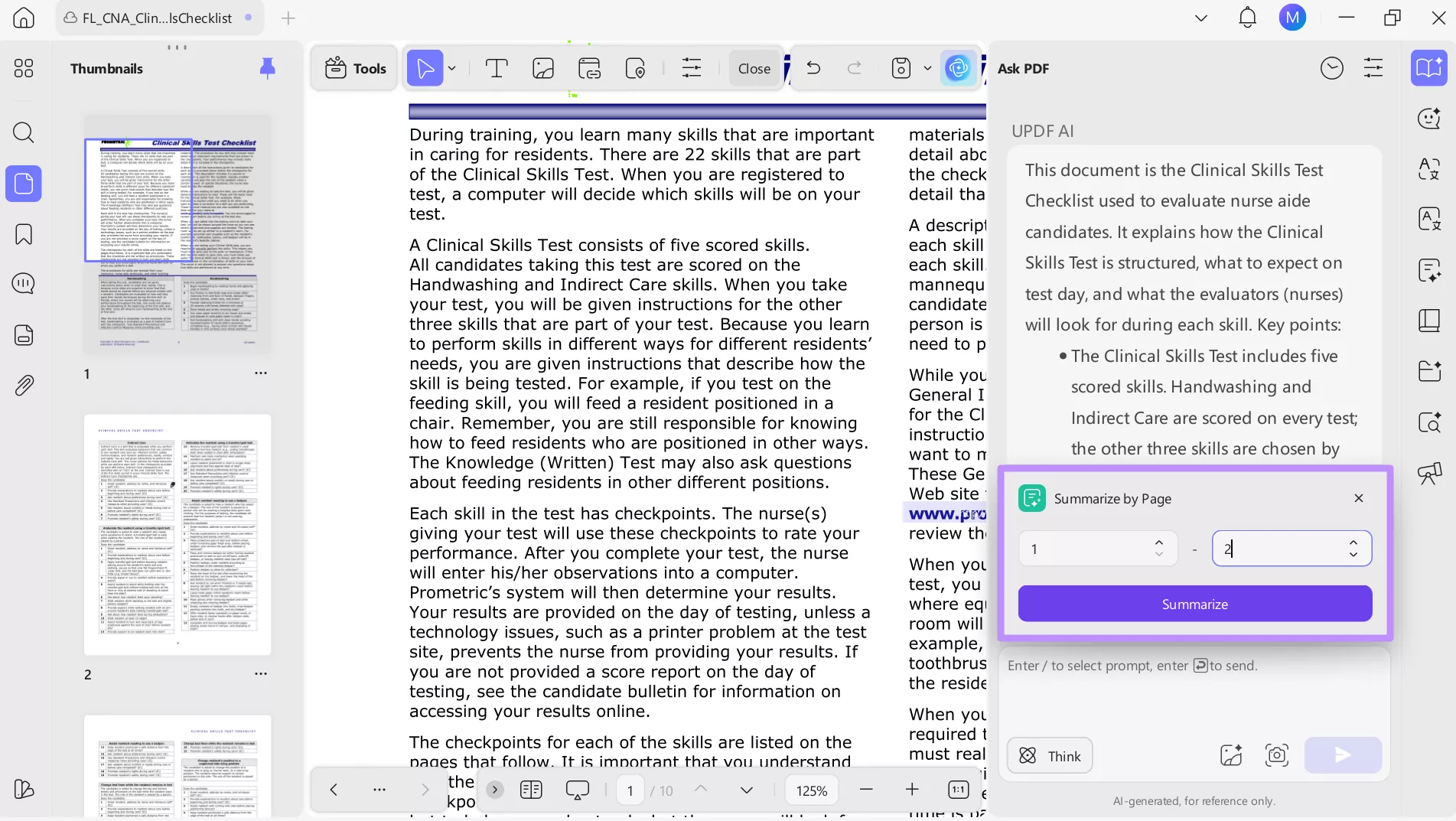 select page range for summary
