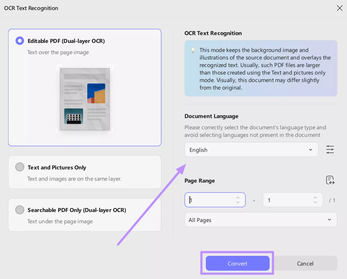 convert pdf using ocr mode