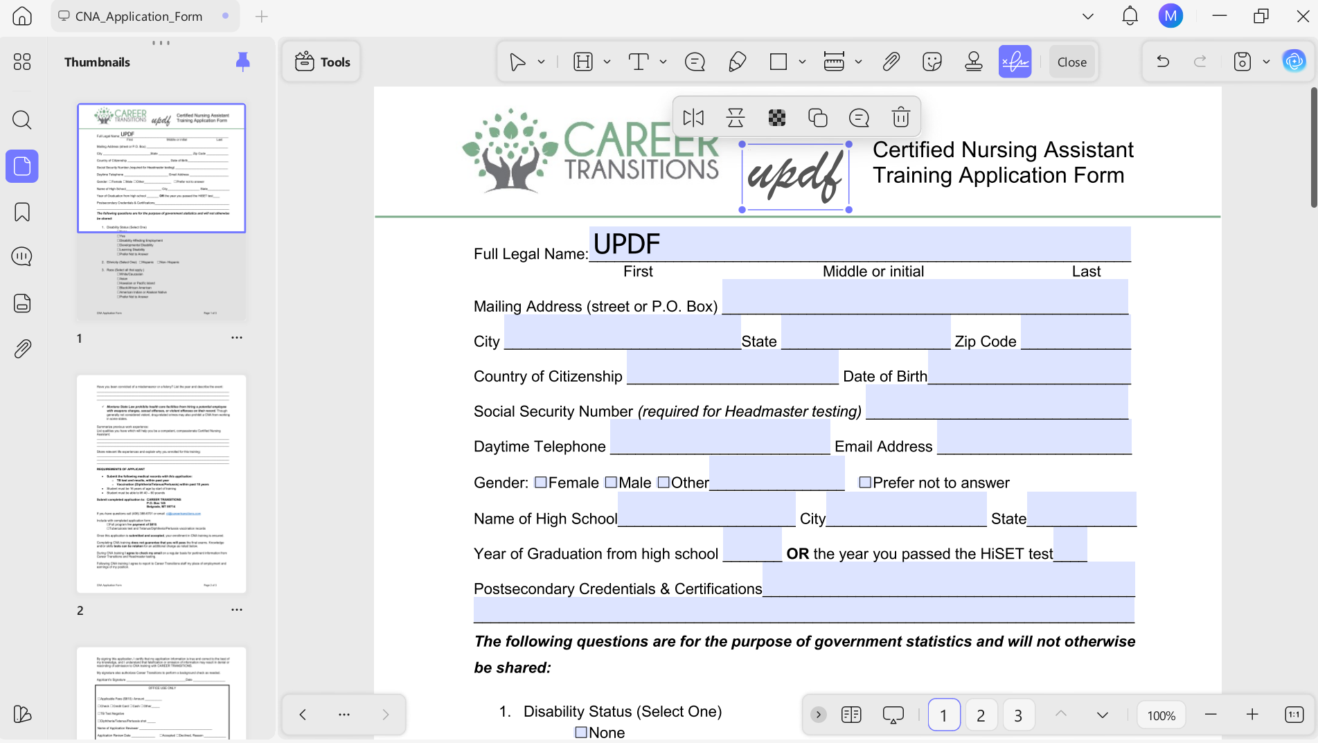 fill and sign cna application 