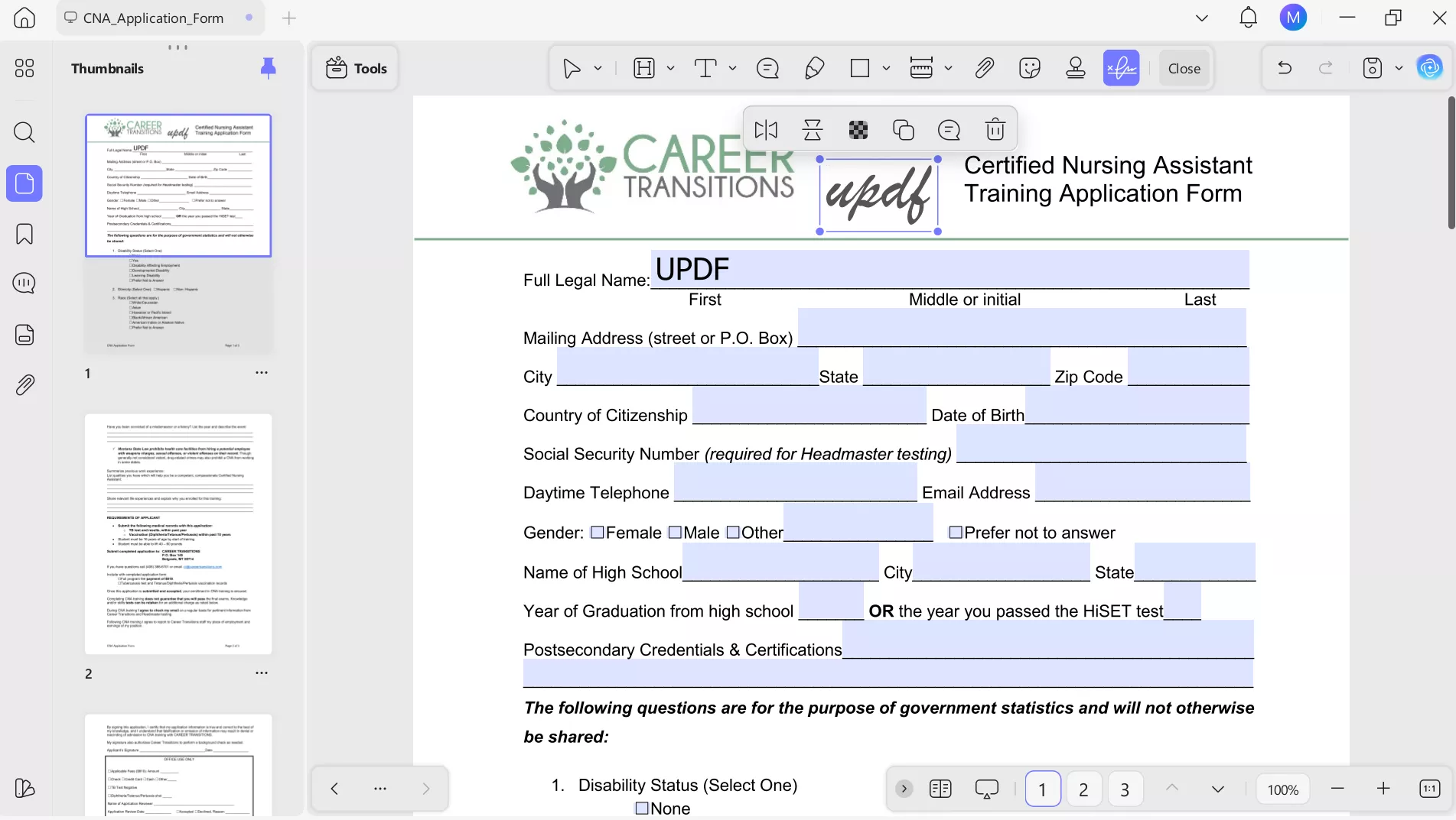 fill and sign cna application