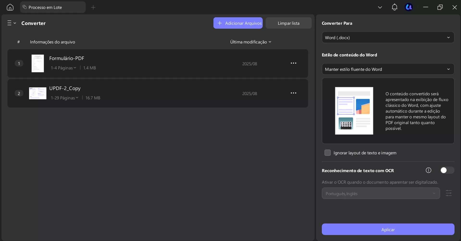 Processo de conversão em lote com o UPDF