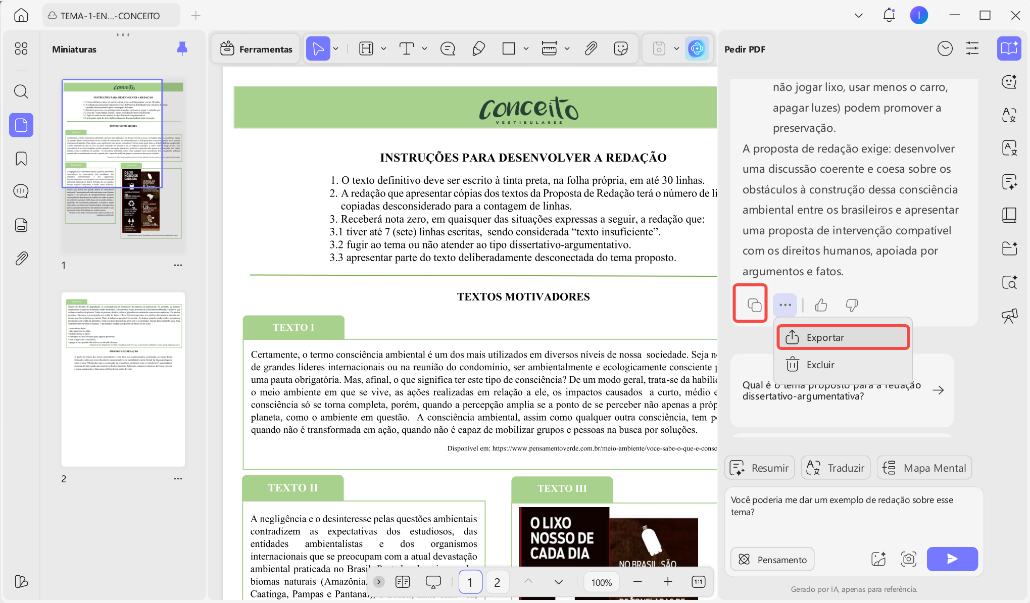 copiar e exportar conteúdo gerado pela ia