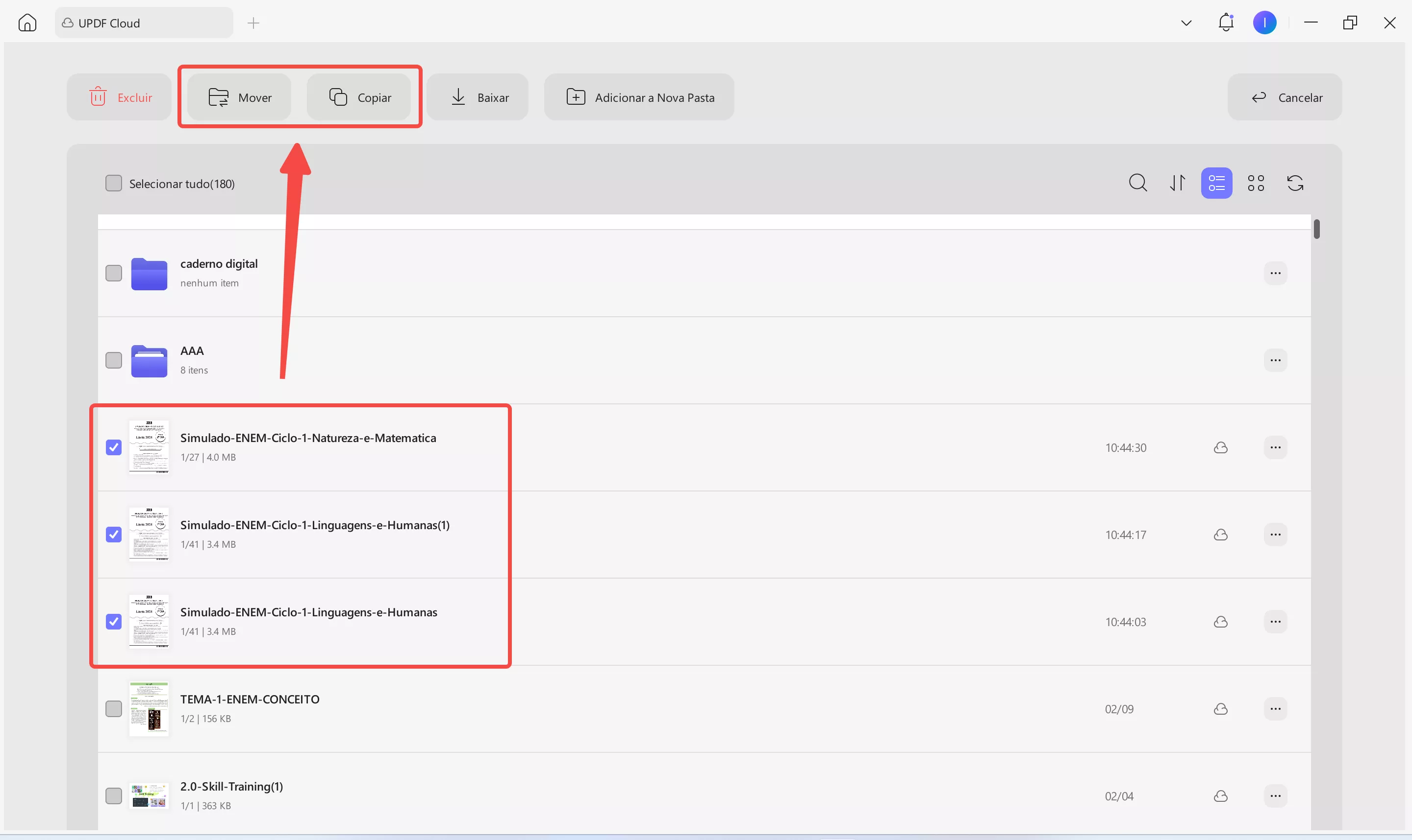 escolher vários arquivos para mover ou copiar
