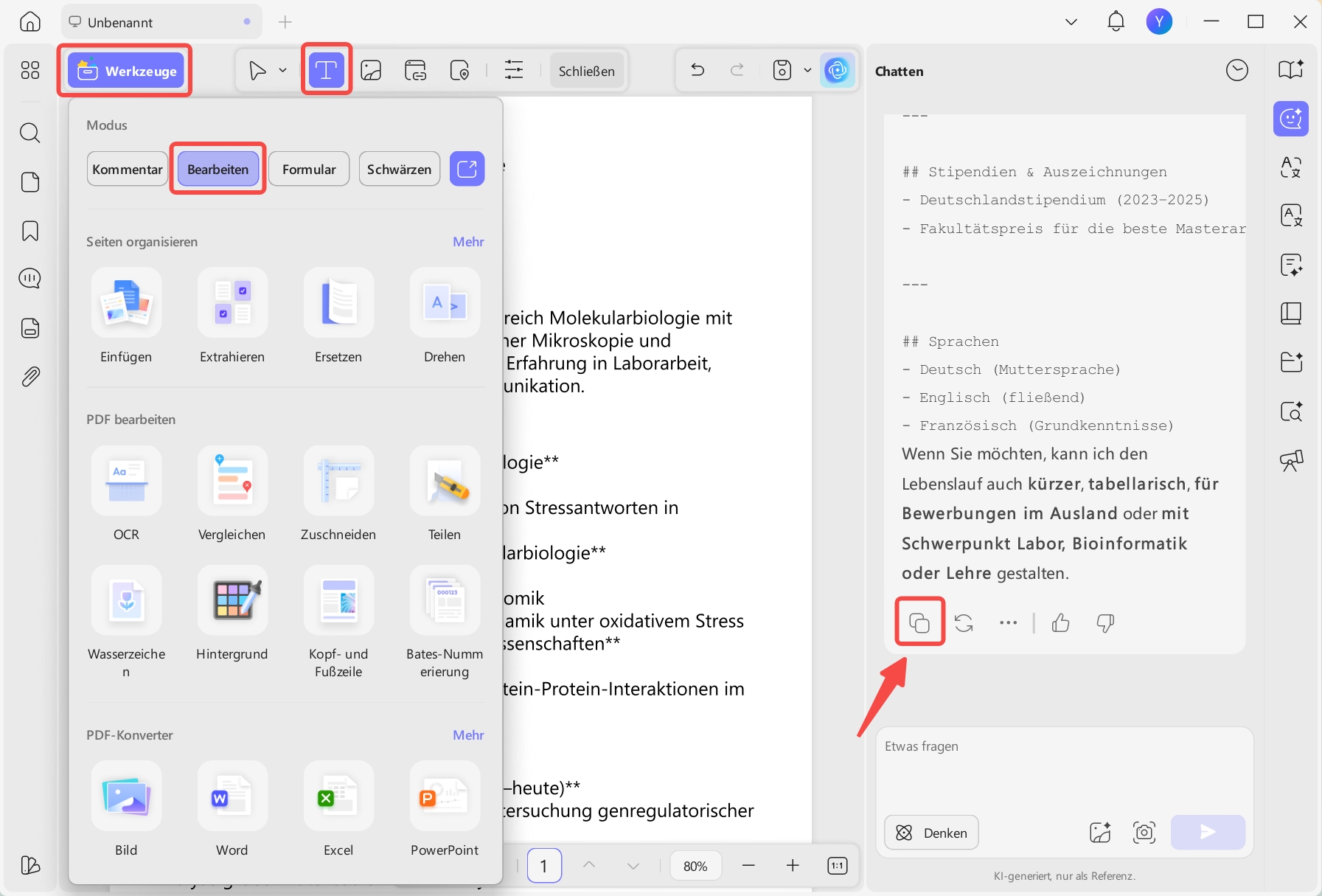 Lebenslauf als PDF-Dokument einfügen