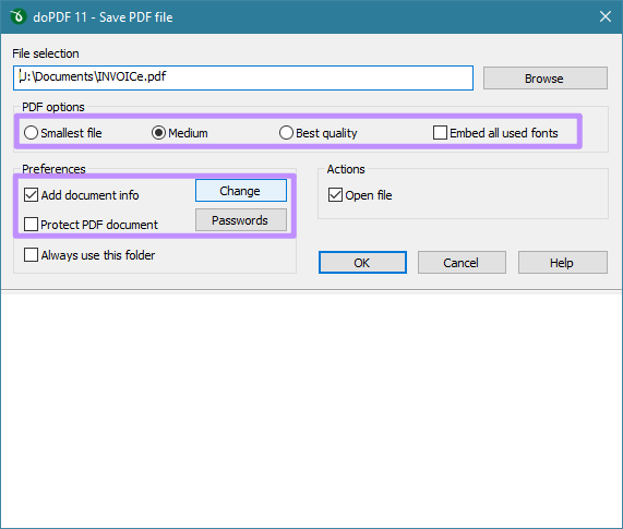 adjust pdf options and preferences