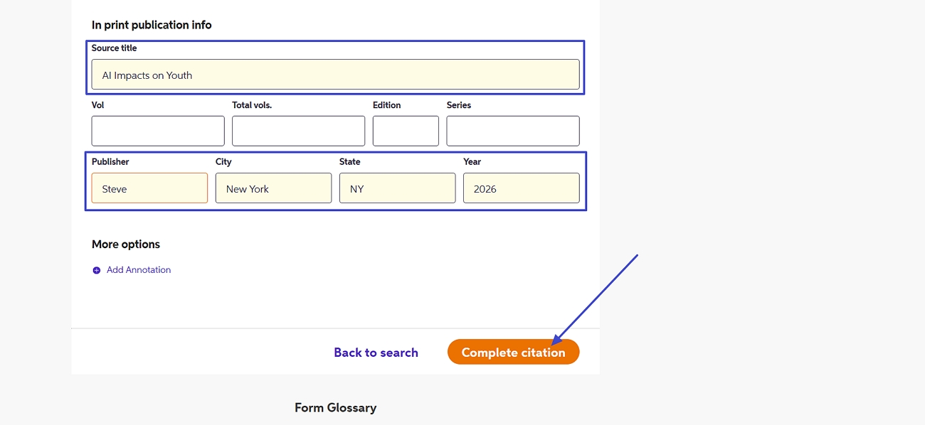 enter source information complete citation