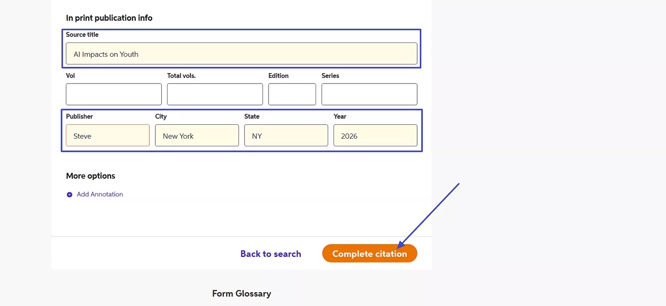 enter source information complete citation