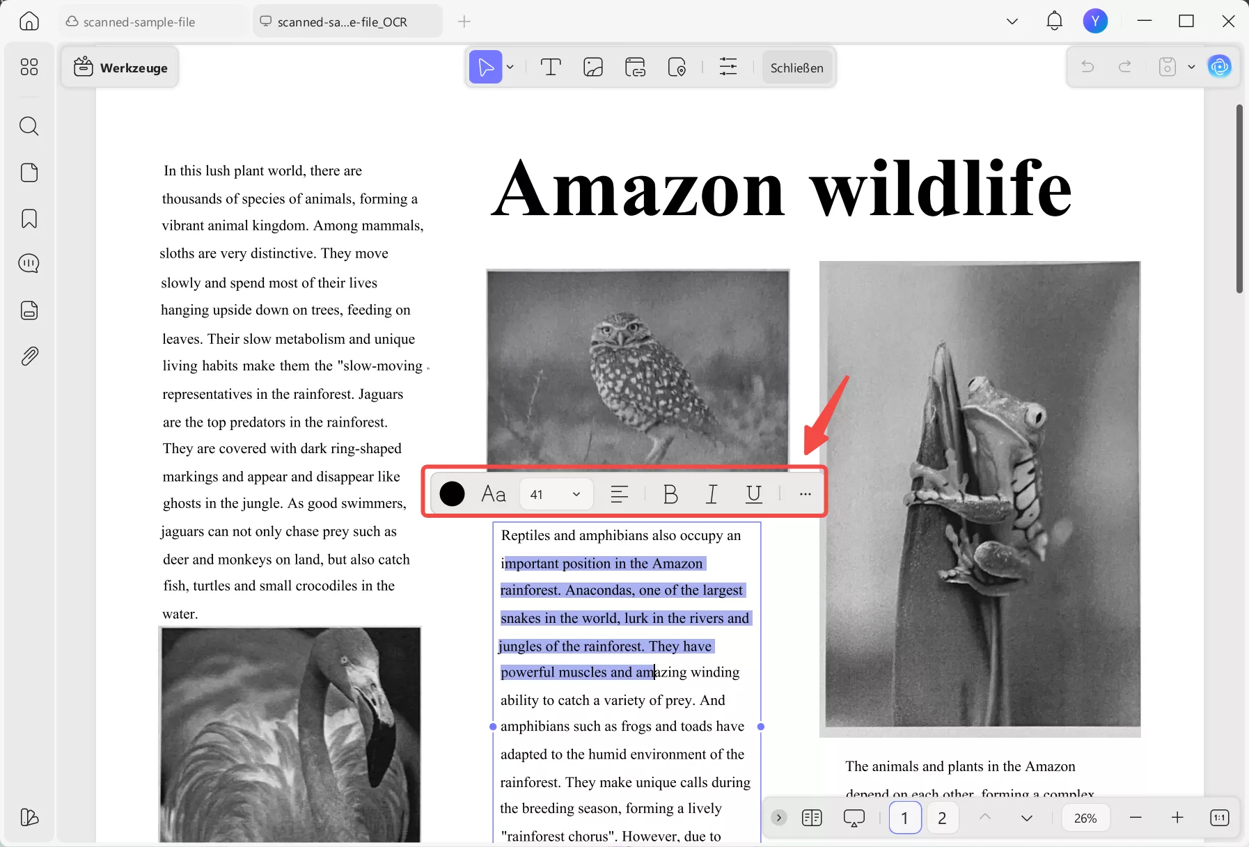 Werkzeugleiste für Texteigenschaften
