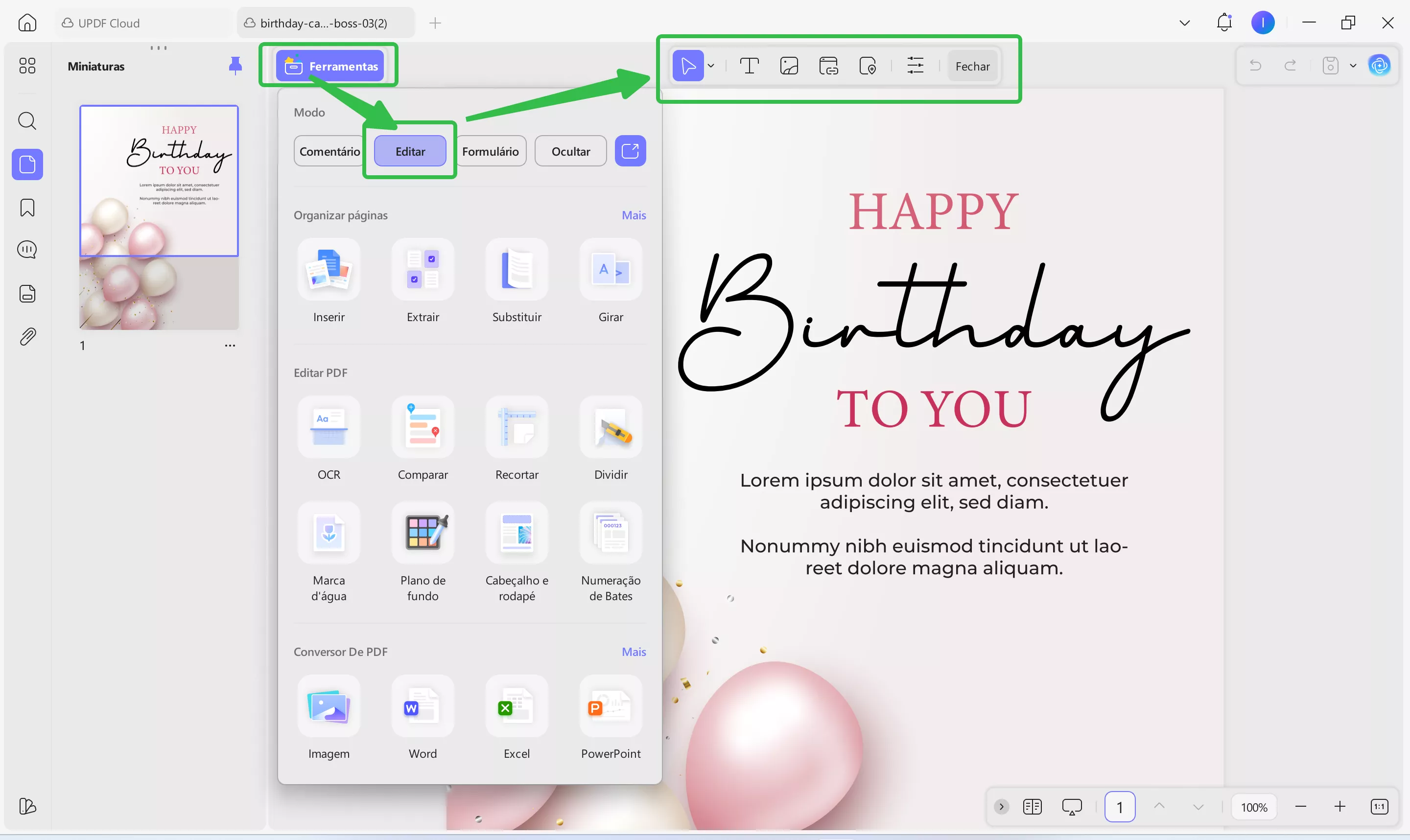 substitua o texto de exemplo pela mensagem