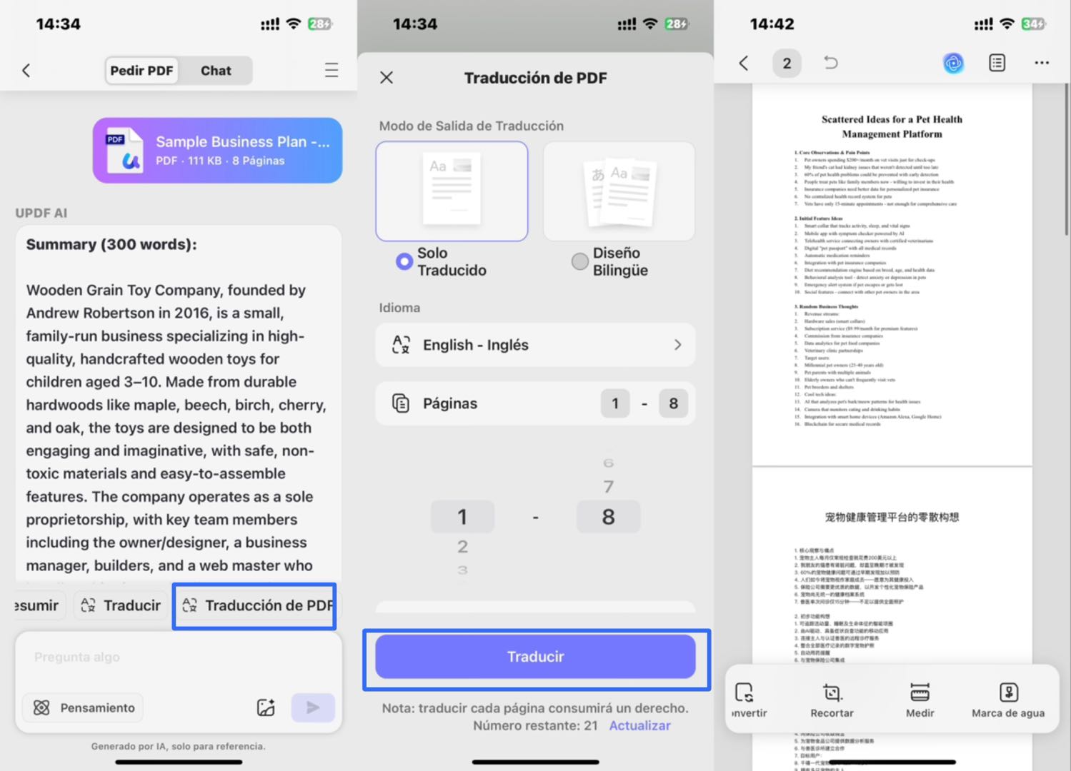 traducción completa de pdf en updf ios