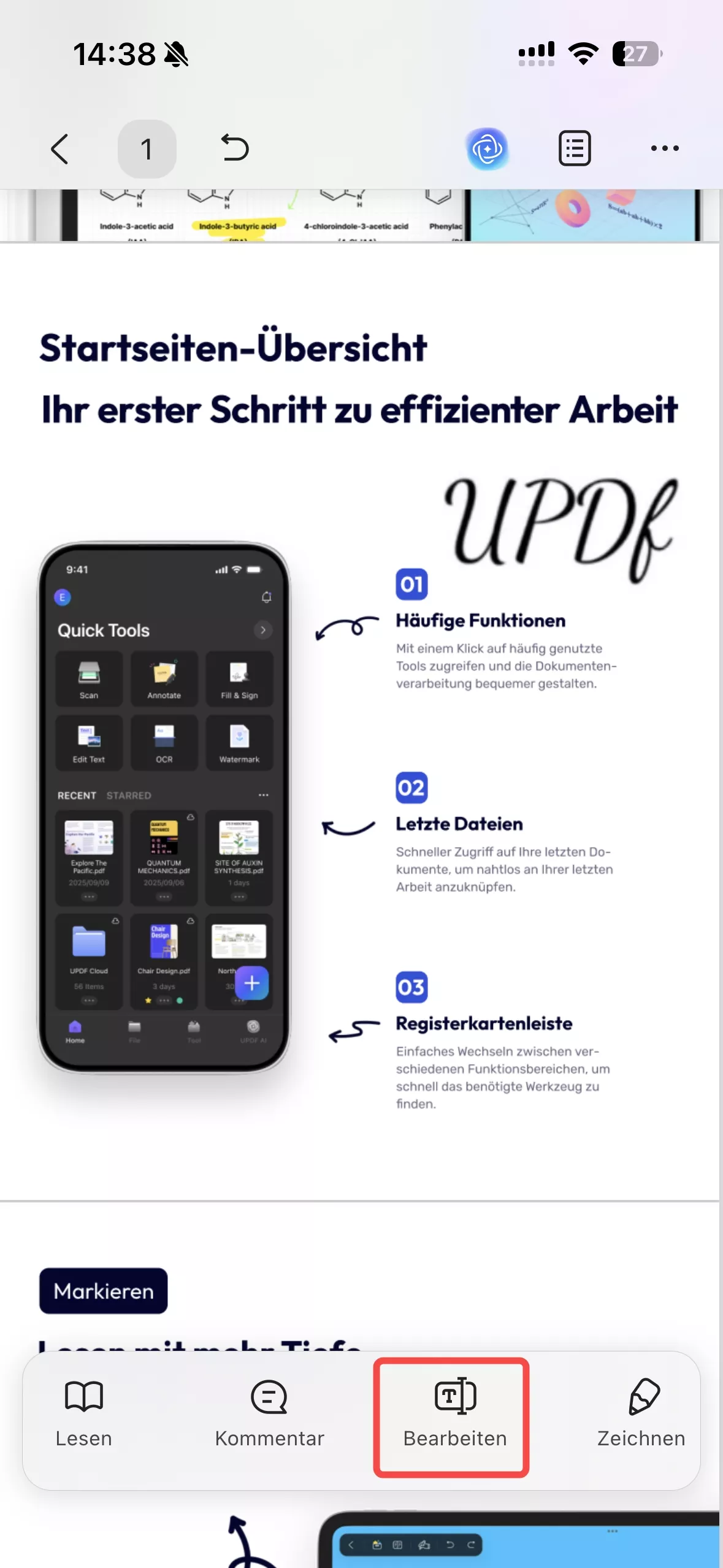 Zugriff auf die Option „Updf Mobile bearbeiten“